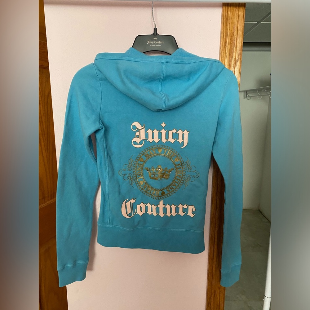 New With Tags! Juicy Couture Blue Embellished Fleece Zip Up Hoodie. Size XS - Picture 1 of 6